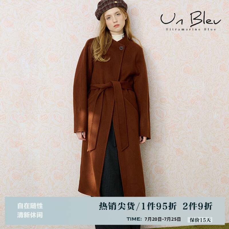 UnBleu羊毛双面呢中长款外套女装2025新款冬装高级气质红色大衣女