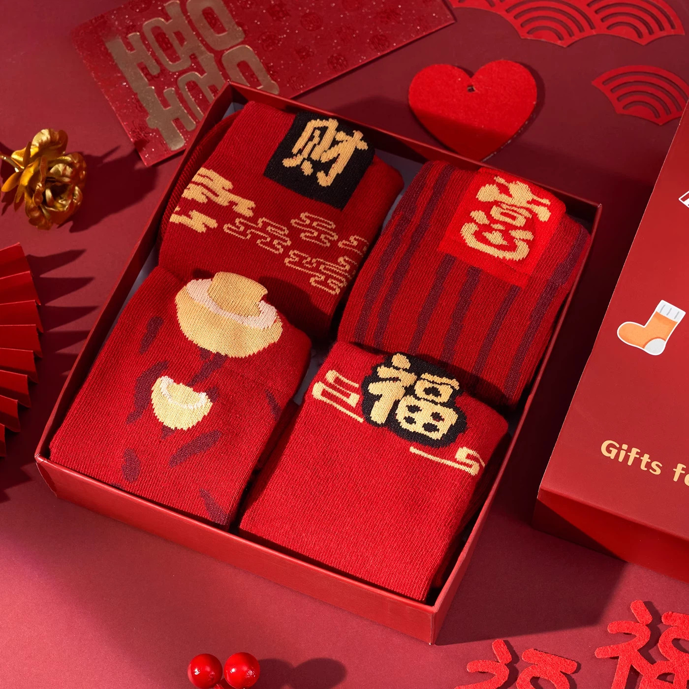 本命年红色中筒袜子女秋冬季新年袜2026新款福字财字刺绣新年礼物