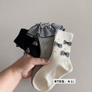 儿童秋季新纯棉中筒袜子女童格子蓬蓬花边蝴蝶结黑白灰飞边公主袜
