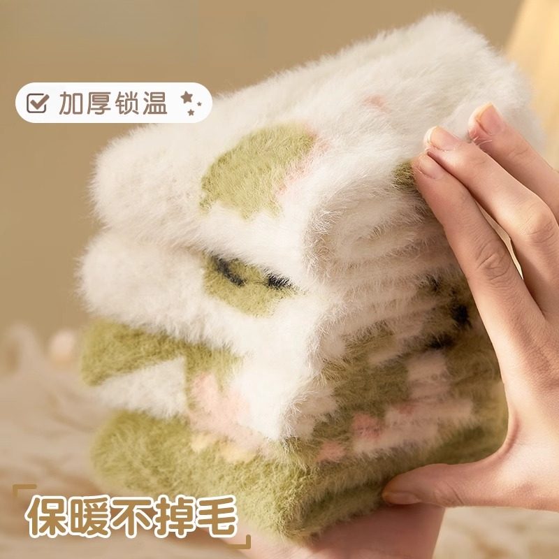 秋冬季厚袜子水貂绒加绒加厚百搭卡通月子袜地板睡眠保暖女中筒袜