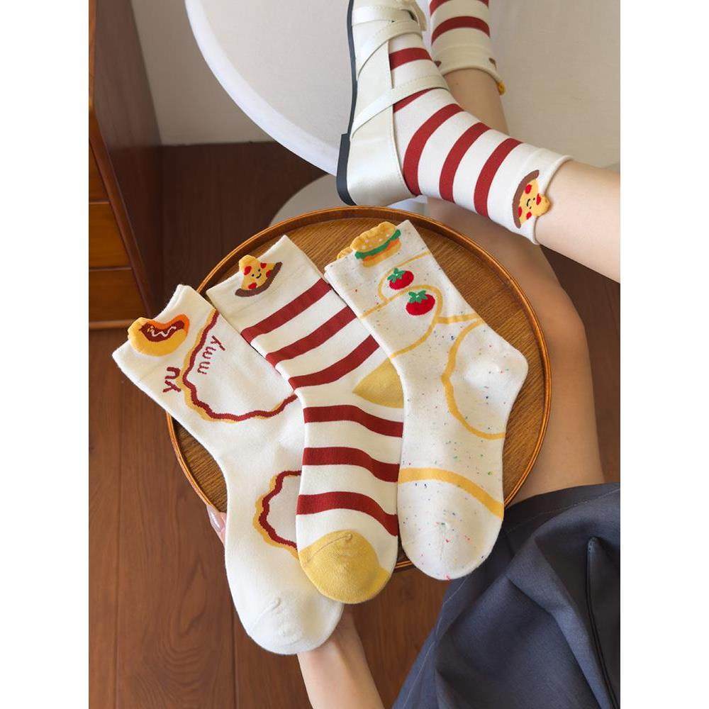 可爱卡通中筒袜子女秋冬款纯棉ins潮韩版搞怪图案网红薯条长筒袜