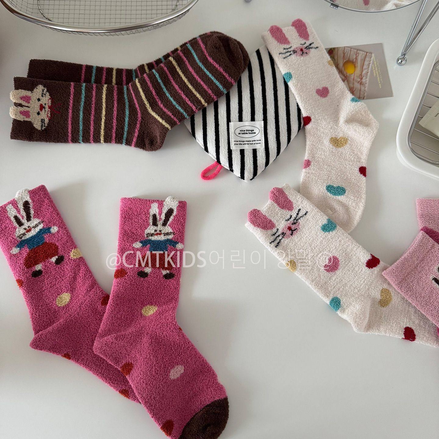 儿童加厚袜子秋冬新款宝宝可爱半边绒袜条纹女童保暖卡通中筒棉袜