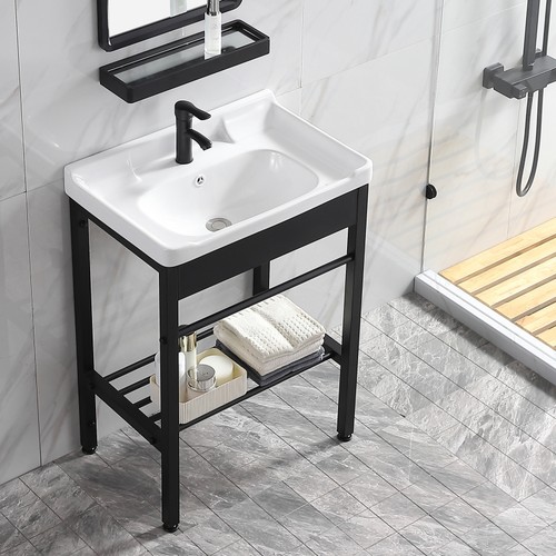 小户型落地式陶瓷洗脸盆洗手盆卫生间不锈钢支架户外阳台一体台盆