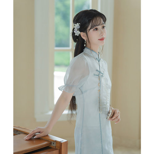云藏月绣白鸾羽改良汉元素短旗袍