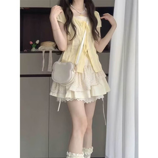 女小个子夏季 夏天多巴胺穿搭甜美奶乖学院风温柔套装 韩系连衣裙子
