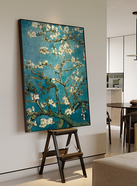 世界名画梵高杏花蓝色复古风艺术高级感手绘油画入户玄关客厅挂画