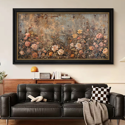 法式复古花卉纯手绘油画客厅装饰画轻奢沙发墙美式玄关挂画中古风