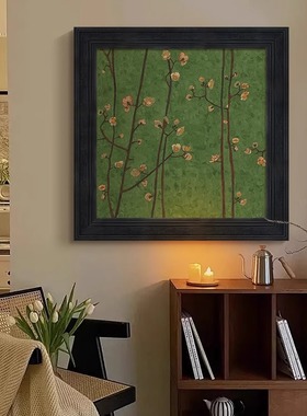 中古风绿色手绘油画梅花复古客厅装饰画餐厅走廊尽头高档玄关挂画