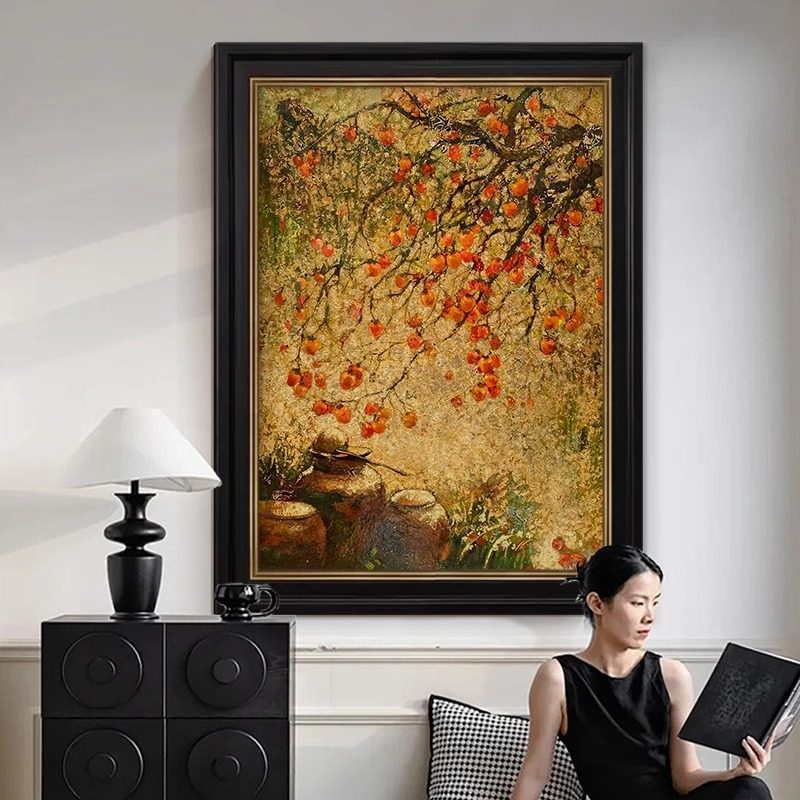 万柿如意中古风高级感客厅肌理纯油画