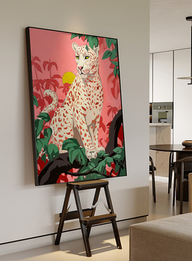 现代中古风绿色植物动物粉色金钱豹高级感手绘油画玄关客厅装饰画
