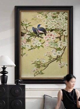 喜上枝头中古风客厅装饰画纯手绘油画绿色玄关新中式餐厅挂画沙发