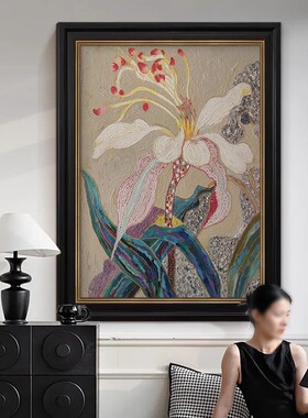 雅韵中古风花卉纯手绘油画肌理客厅装饰画法式餐厅玄关复古风挂画