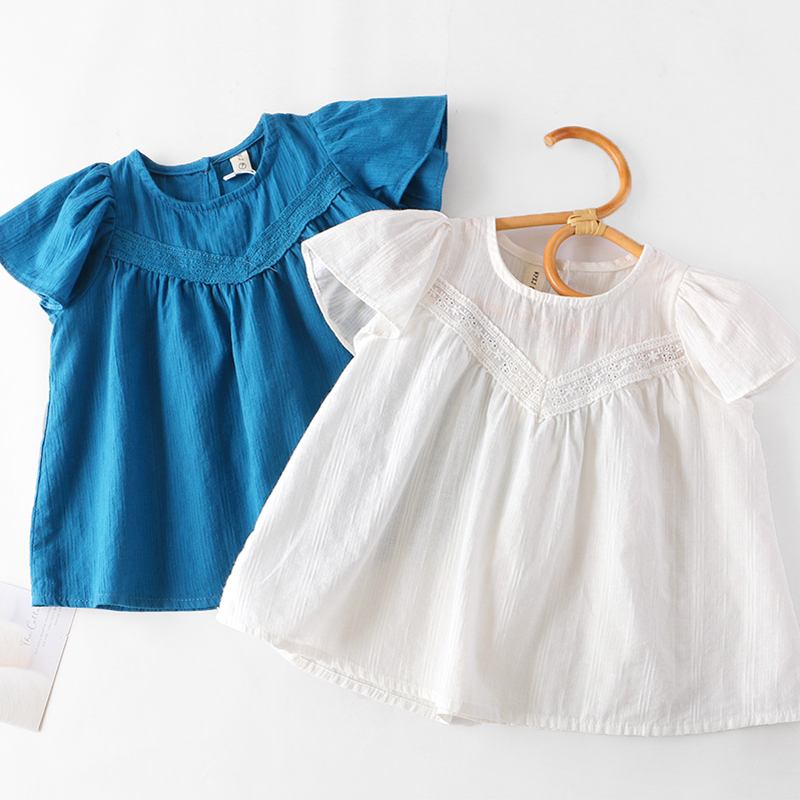 女童短袖娃娃衫夏季新款洋气小衫儿童飞袖衬衫薄款棉麻上衣白衬衣-封面