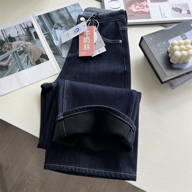 加绒保暖四面弹直筒阔腿牛仔长裤