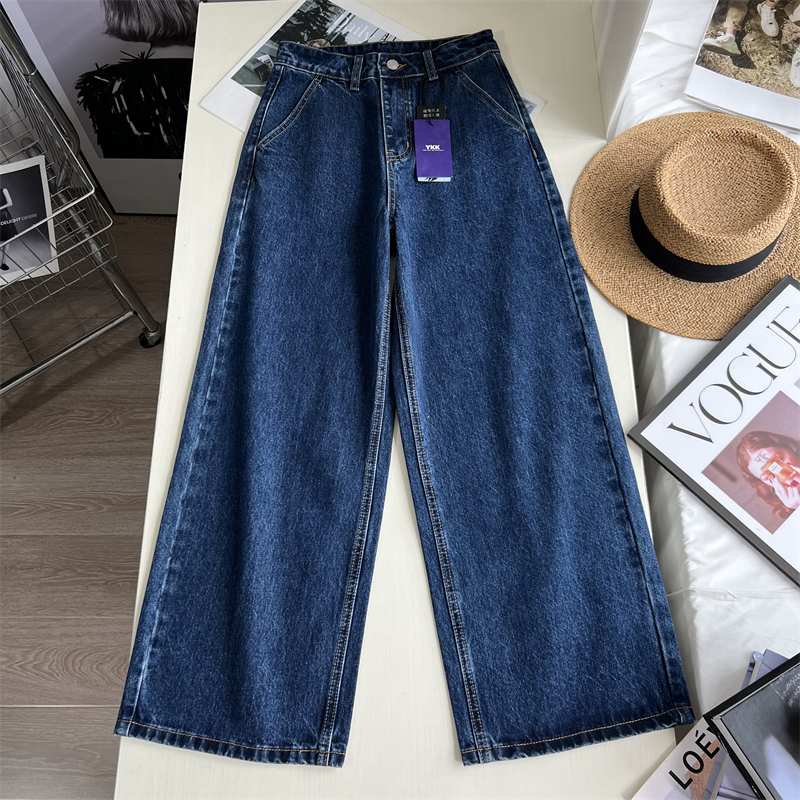 显瘦王者~无弹硬挺九分直筒牛仔裤女 深蓝色高腰阔腿裤小个子秋