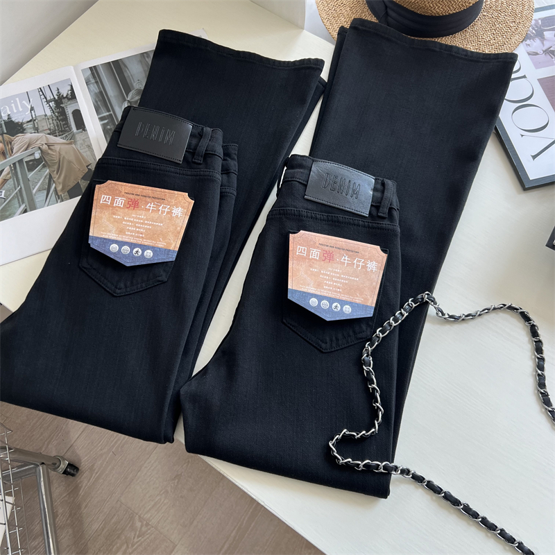 超模小黑裤~！显瘦显腿长 高腰四面弹微喇黑色牛仔裤小个子九分裤