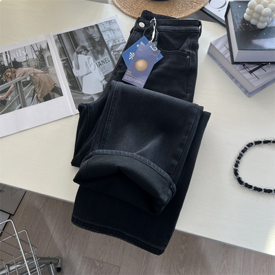 四面弹加绒窄版宽松直筒牛仔裤