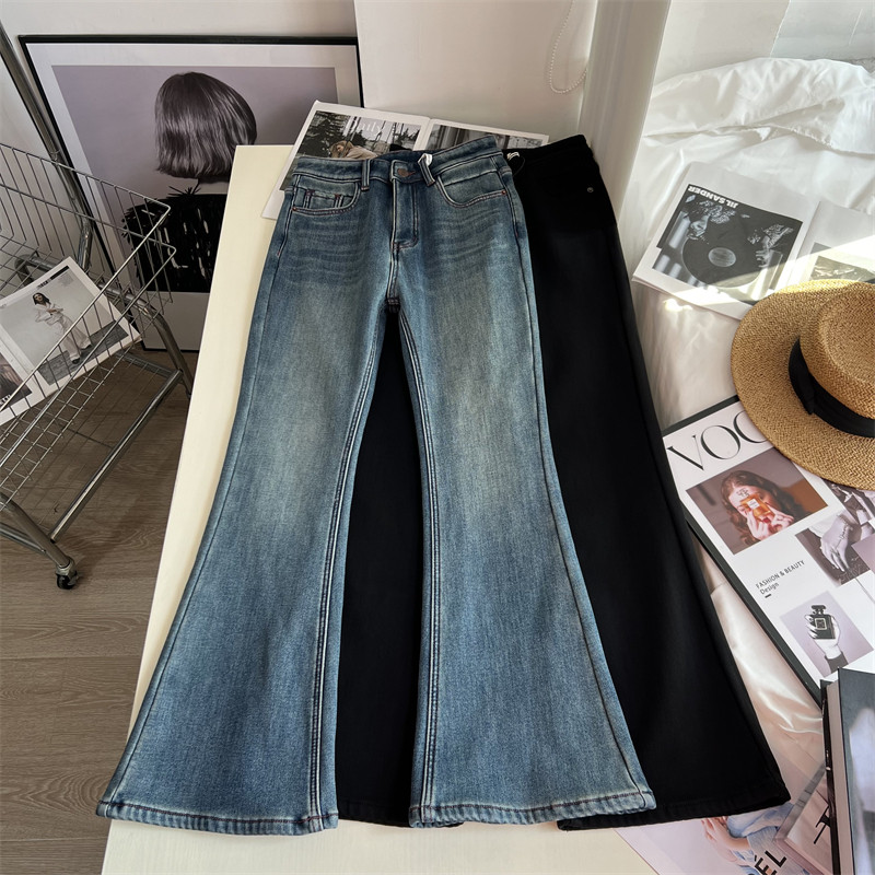 黑色加厚绒微喇叭裤子女冬