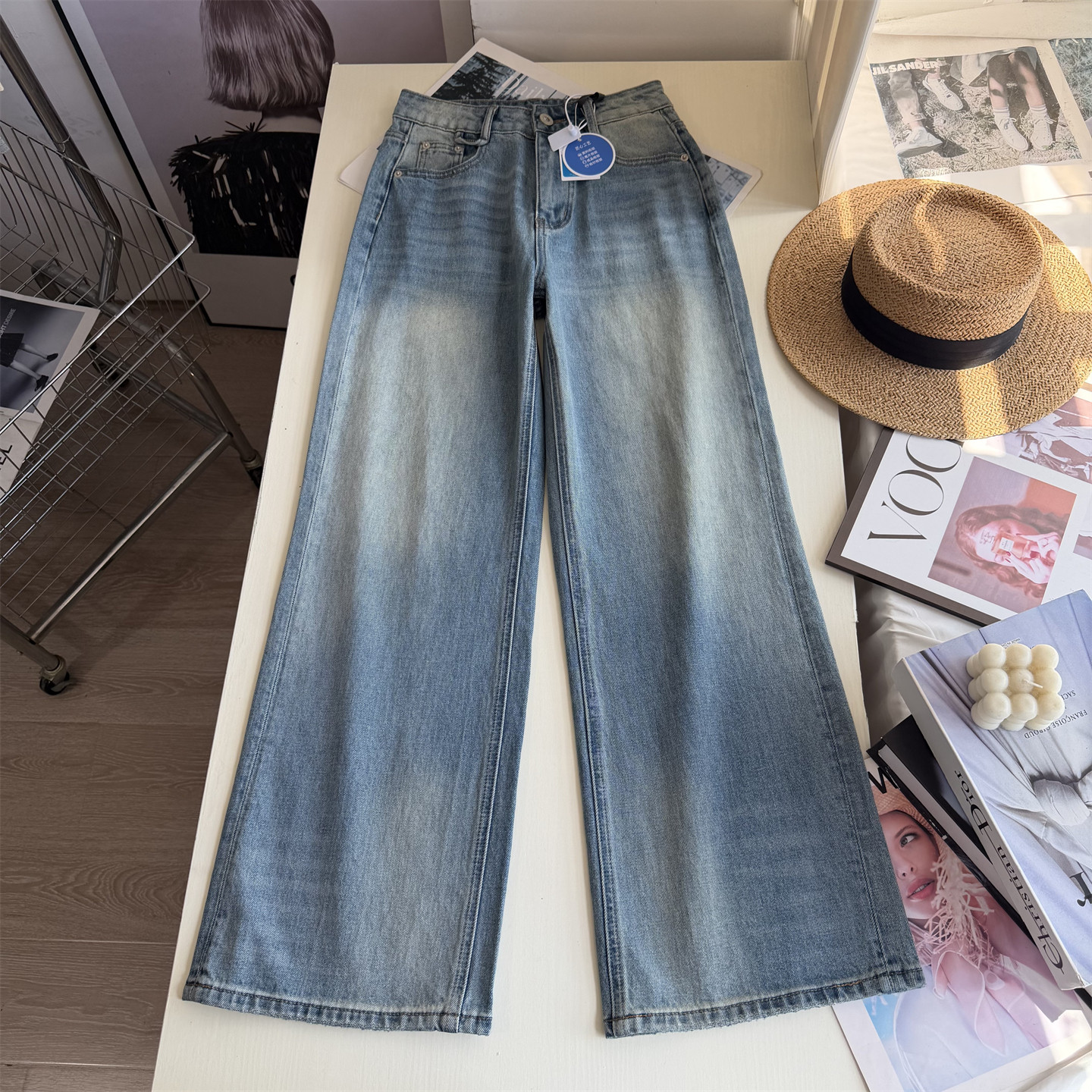 美式复古 重工水洗做旧 磨白窄版阔腿牛仔裤女高腰直筒牛仔裤秋季