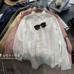 100亚麻oversize简约气质基础款纯色宽松长袖 慵懒亚麻衬衫上衣