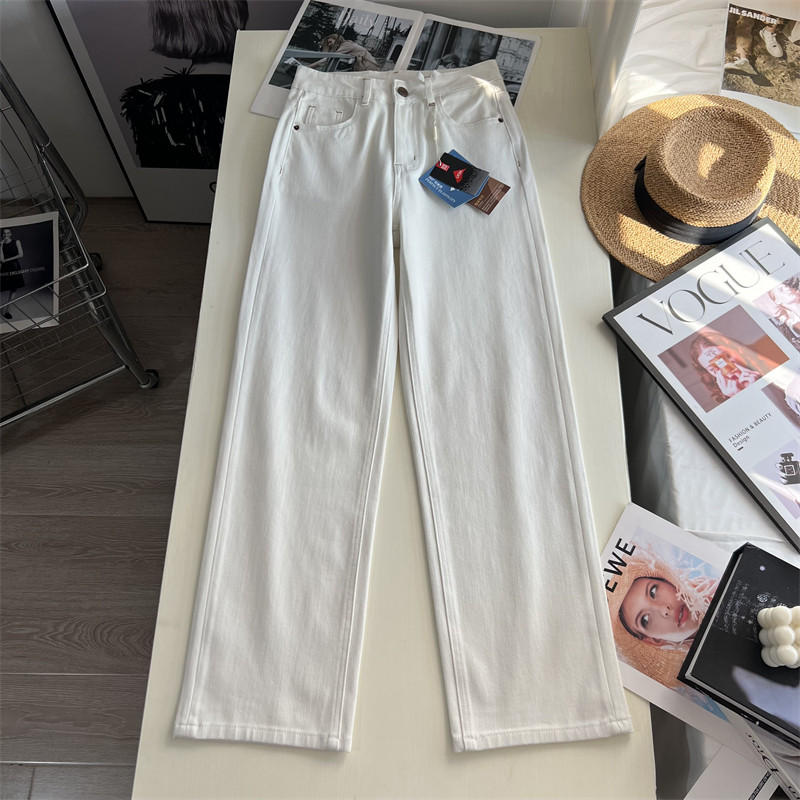 王炸版型！遮胯显瘦软牛仔裤女秋季米白色四面弹高腰窄版直筒长裤