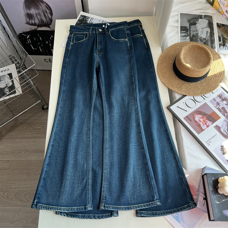 植绒双版本！薄绒直筒微喇牛仔裤女修身显瘦弹力喇叭裤长裤秋冬