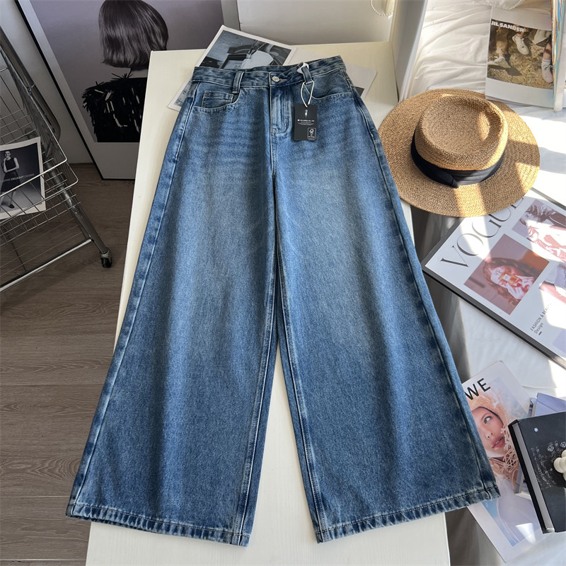 时髦利落感~！复古高腰垂感阔腿牛仔裤 女秋季百搭宽松直筒长裤