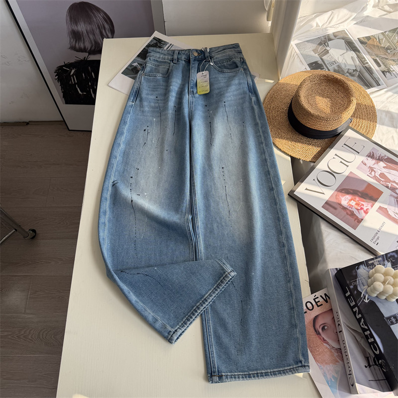 泼墨艺术感牛仔裤春季新款水洗浅蓝色显瘦直筒小弯刀阔腿裤长裤