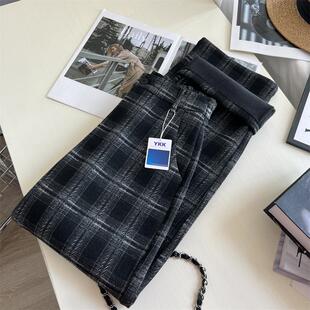 加绒加厚复古休闲窄版直筒裤格纹格子裤子高腰垂感阔腿长裤女秋冬