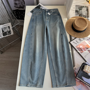 裤型很飒~复古浅蓝弯刀牛仔裤女冬季加绒保暖直筒宽松拖地阔腿裤