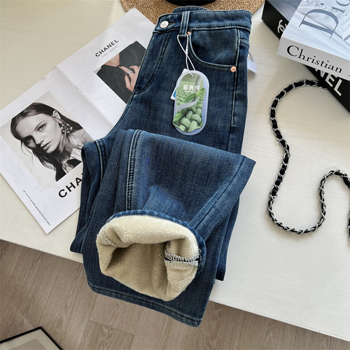 加厚加绒牛仔裤女直筒阔腿裤