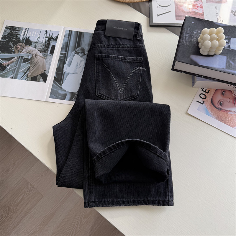 超柔软！~洋气黑灰色窄版宽松阔腿牛仔裤女春季 新款垂感直筒长裤