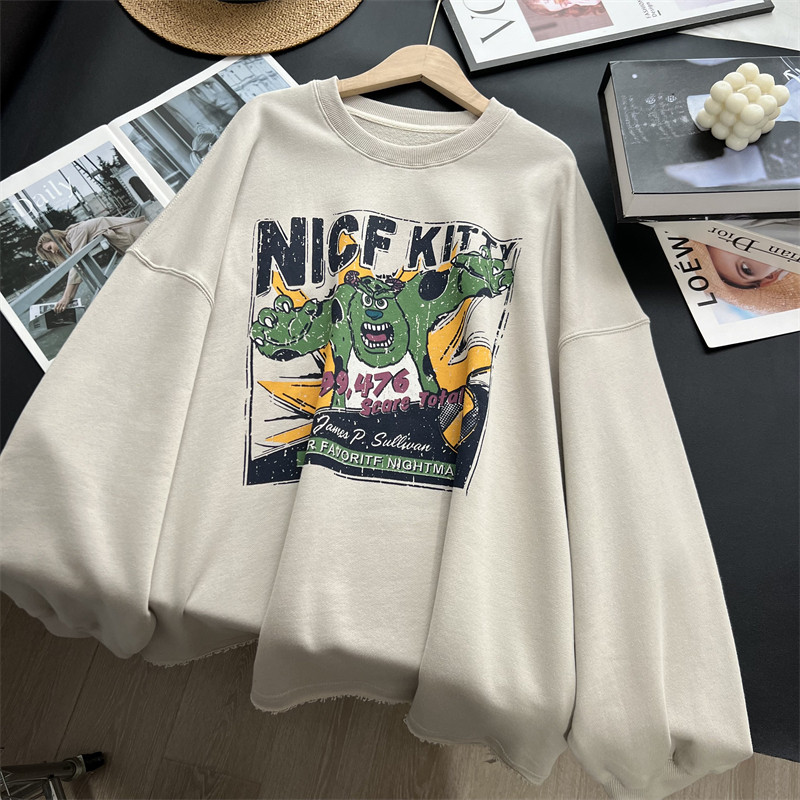 韩版做旧卡通印花 慵懒卷边宽松圆领毛圈卫衣休闲减龄长袖女,女装/女士精品,卫衣/绒衫,淘宝优惠券,粉丝福利购,淘宝优惠卷