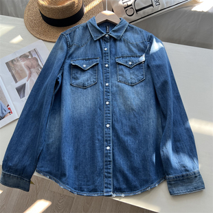 经典美式复古软牛仔衬衫女 磨破简约口袋设计感小众水洗丹宁衬衣