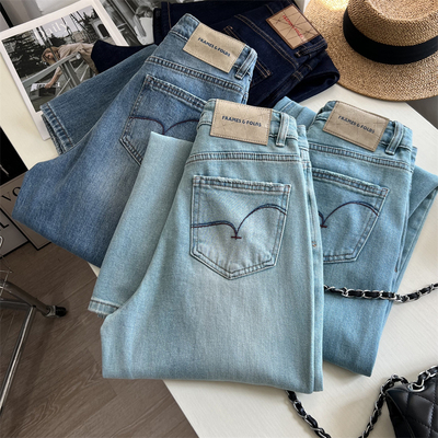 高腰宽松窄版阔腿牛仔裤