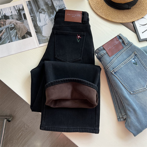 加绒加厚窄版阔腿牛仔裤女冬季