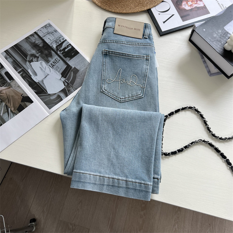 本期王牌！显腿直浅蓝色高腰弹力宽松小个子直筒九分牛仔裤春季