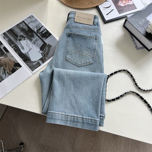 本期王牌！显腿直浅蓝色高腰弹力宽松小个子直筒九分牛仔裤春季