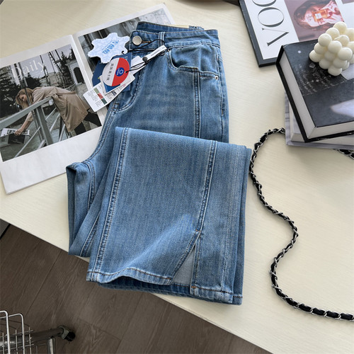 牛仔裤显瘦侧开叉微喇叭裤女夏