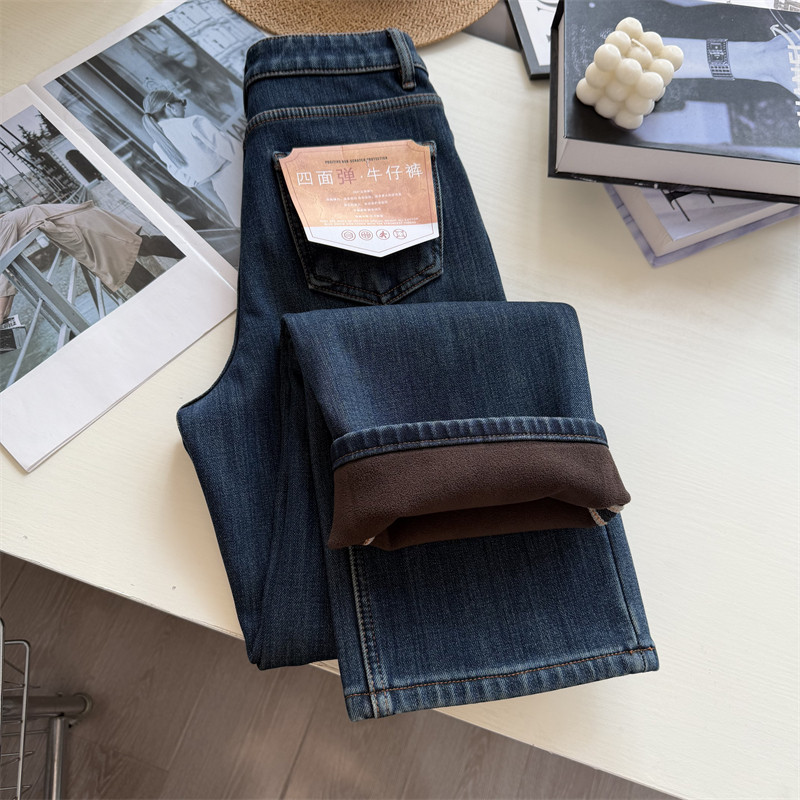本期推荐~！双规格 冬季四面弹窄版加绒阔腿裤女 软牛仔直筒长裤