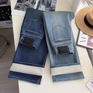 2025新款 冬季 牛仔裤 厚绒 显瘦无弹力长裤 直筒裤 女 糯叽叽加厚窄版