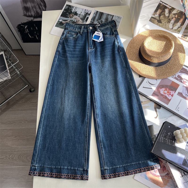 四面弹刺绣阔腿奶奶裤子女秋季