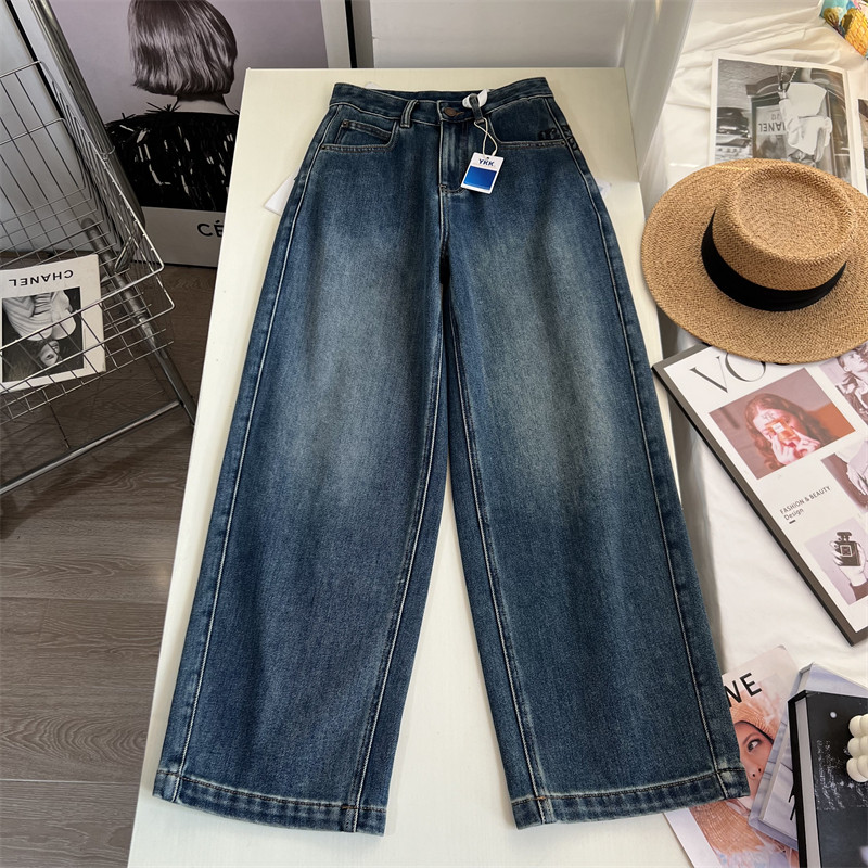 不挑腿型~！复古水洗加绒牛仔裤女秋冬 百搭高腰宽松阔腿长裤潮