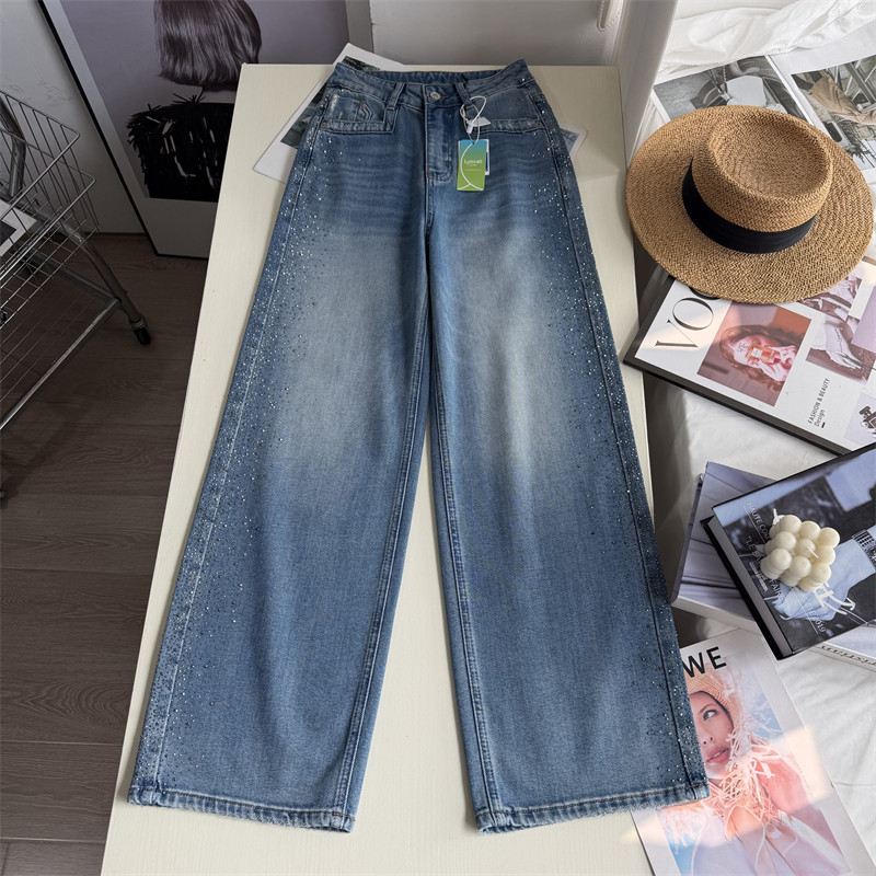 满满松弛感！2026春季新款满天星烫钻牛仔裤女垂感爆闪带钻阔腿裤