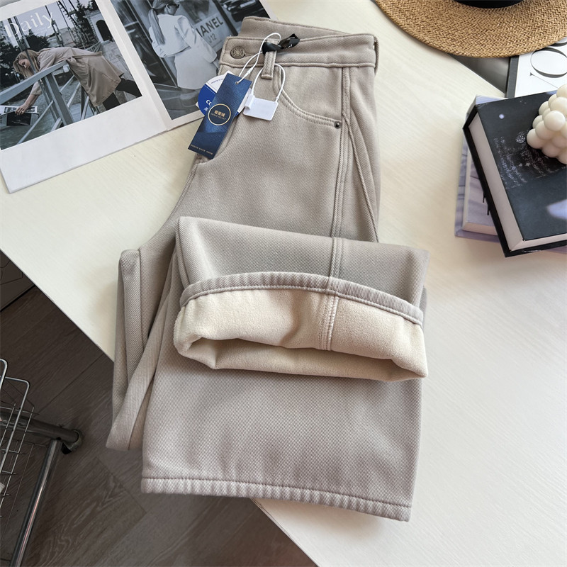 高级感~！卡其色牛仔裤女冬季 加绒加厚垂感宽松显瘦窄版阔腿长裤