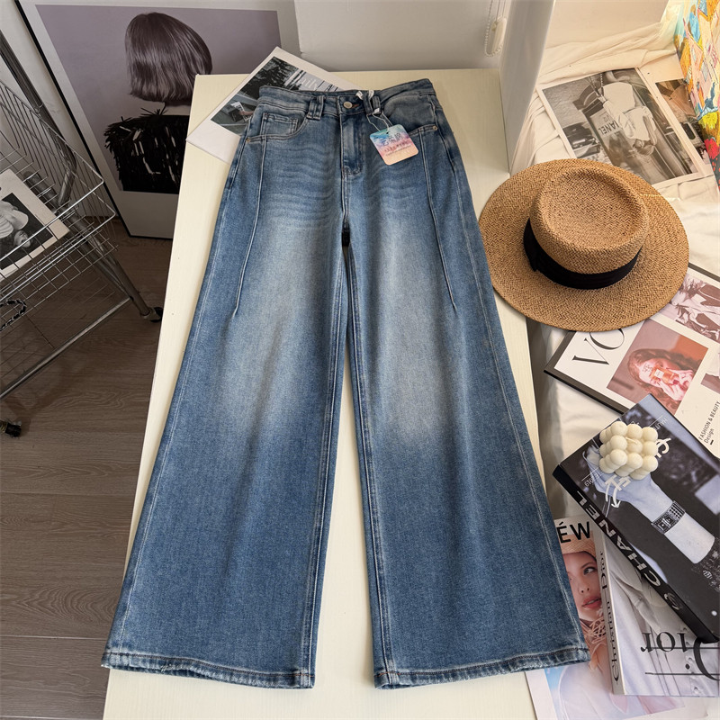 显瘦天菜!斜裁分割四面弹阔腿裤女 春款梨形高腰松弛直筒牛仔裤