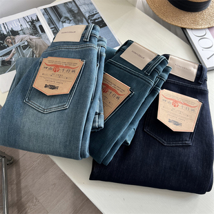 高腰九分直筒裤 女冬季 加绒加厚四面弹阔腿牛仔裤 小个子神裤