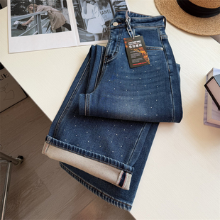 超带派！~buling烫钻直筒牛仔裤女保暖植绒加绒 窄版阔腿裤女冬季