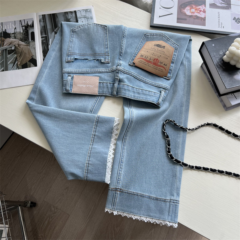 本期主推！蕾丝花边四面弹薄款牛仔裤女 春夏季小个子九分直筒裤