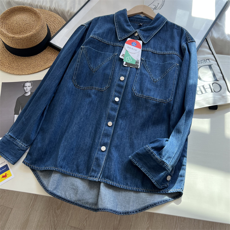 高阶牛品！大厂工艺深蓝色刺绣口袋翻领牛仔衬衫2023秋款女款衬衣